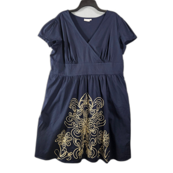 eShakti 2X Dress Embroidered Cotton Navy Blue Full Skirt Pockets Breathable - Picture 1 of 8